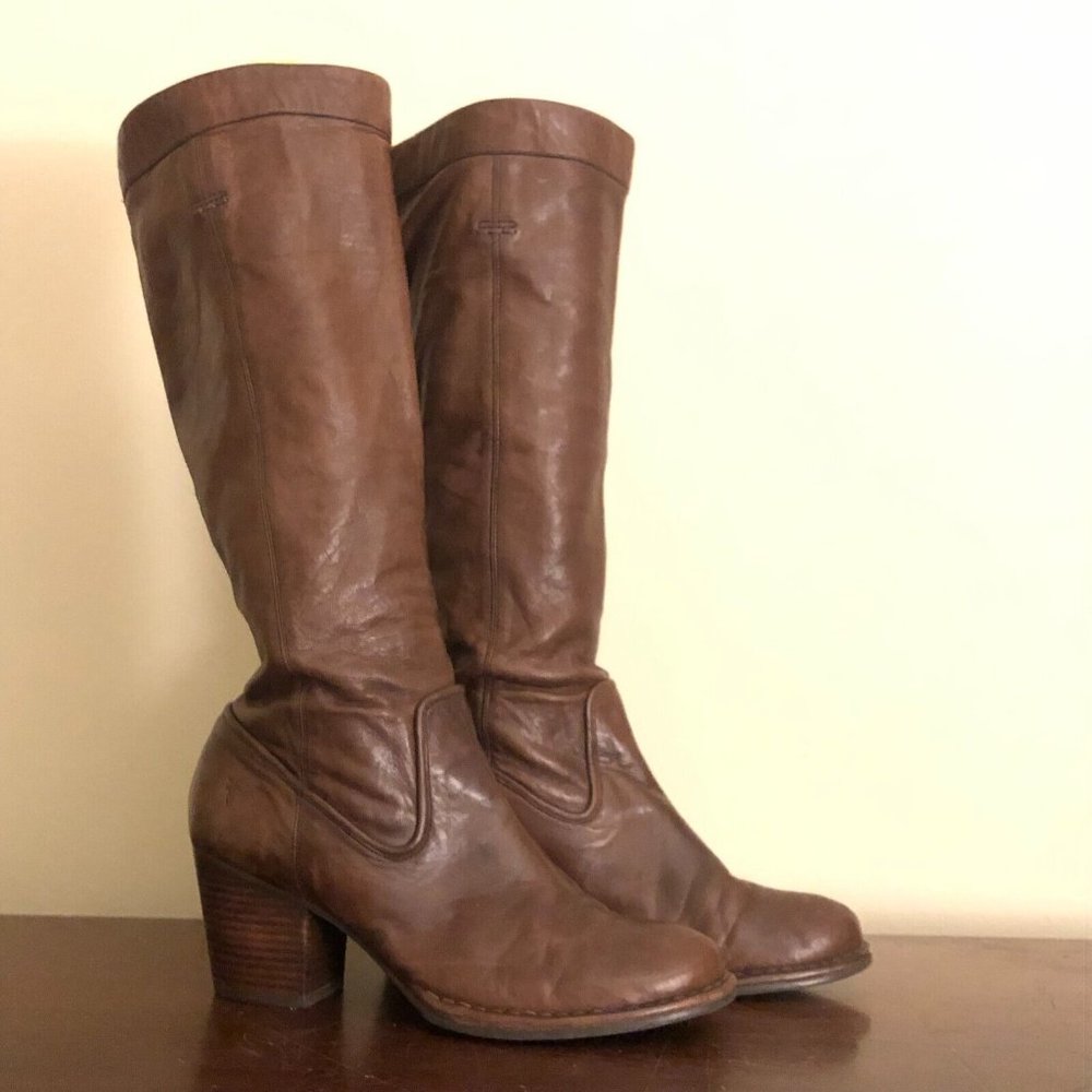 Frye women Brown Leather Rory Scrunch tall knee high boots US 8